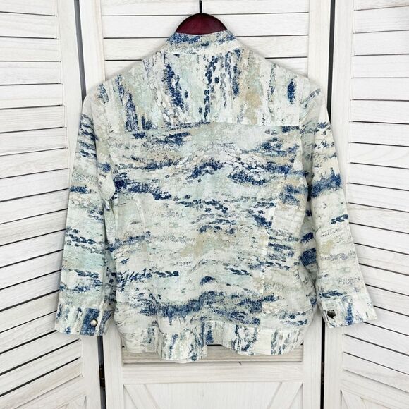 Chico’s Watercolor Linen Blend Open Front Topper Jacket White Blue Small - Picture 10 of 14